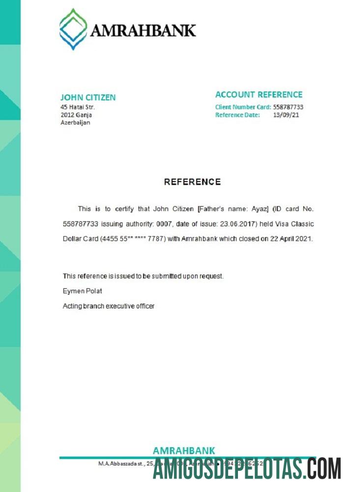 Referência de fechamento do Azerbaijão Amrahbank exemplo